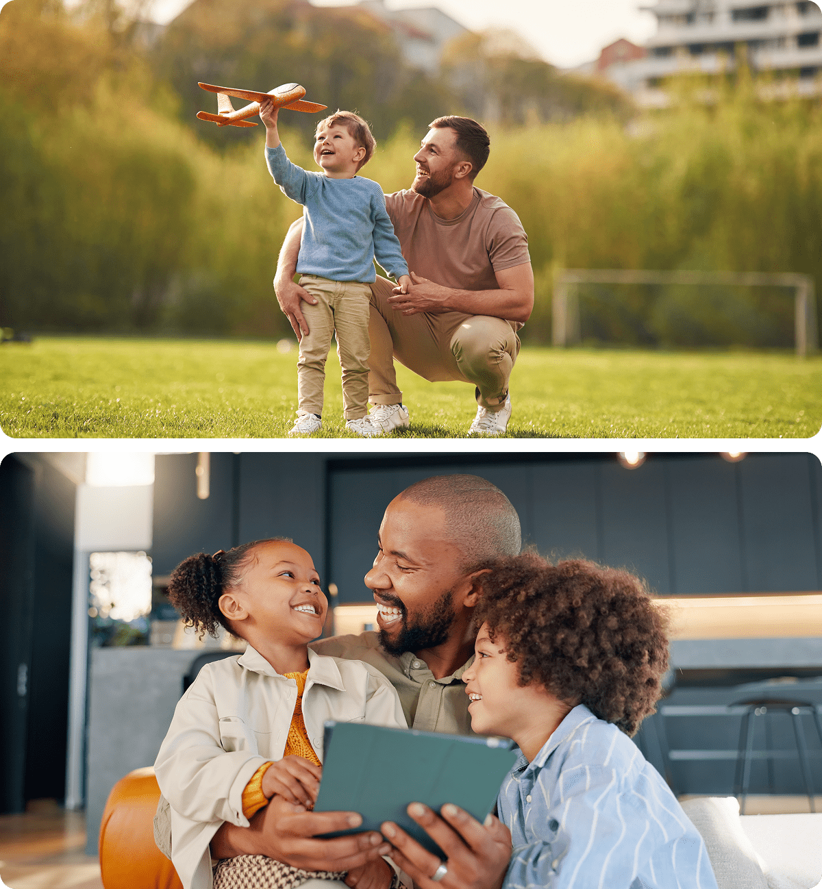 Children playing and bonding with their fathers.