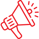 Red megaphone icon on black background.